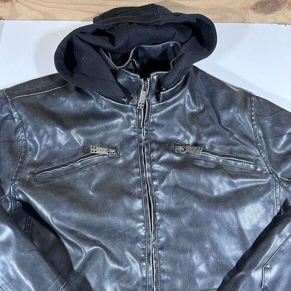 Whispering Smith Faux Leather Hooded Bomber  Jacket Distressed Men's Size M - Picture 6 of 13